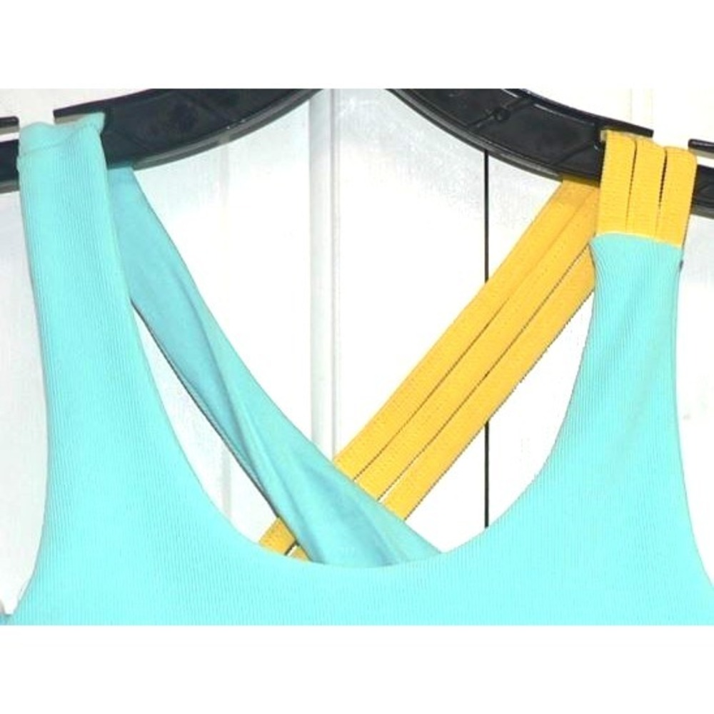 Move Theology‎ Women's Crisscross Asymmetrical Strap Sport Bra in Blue/Yellow SM - Picture 3 of 7